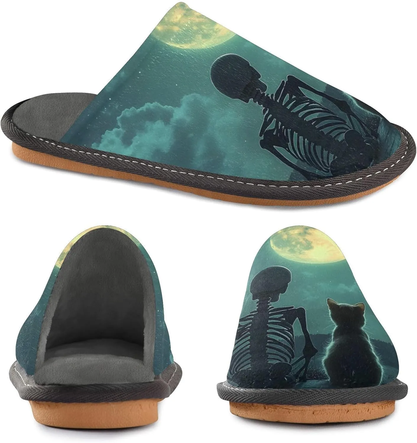 Watch Moon Men��s Women��s Memory mercantile approve orchestral Foam Scuff Slippers Indoor Outdoor Slippers Size 4-5 Skeleton Cat 