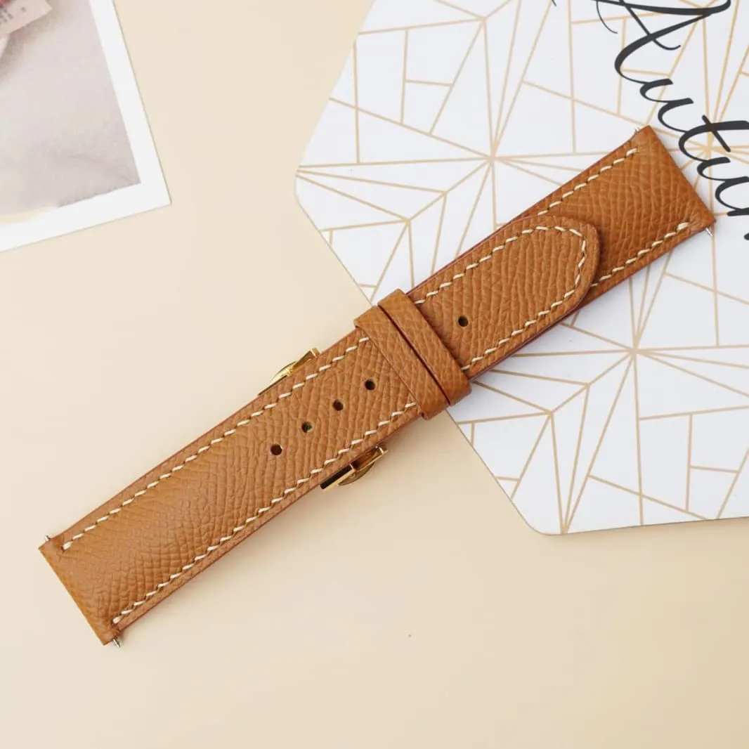 watch strap (22mm$ Steel Tang Buckle) persistent compare falsely electronic workshop park Premium Quality Epsom leather watch band$ Handmade Golden Brown Calf leather 