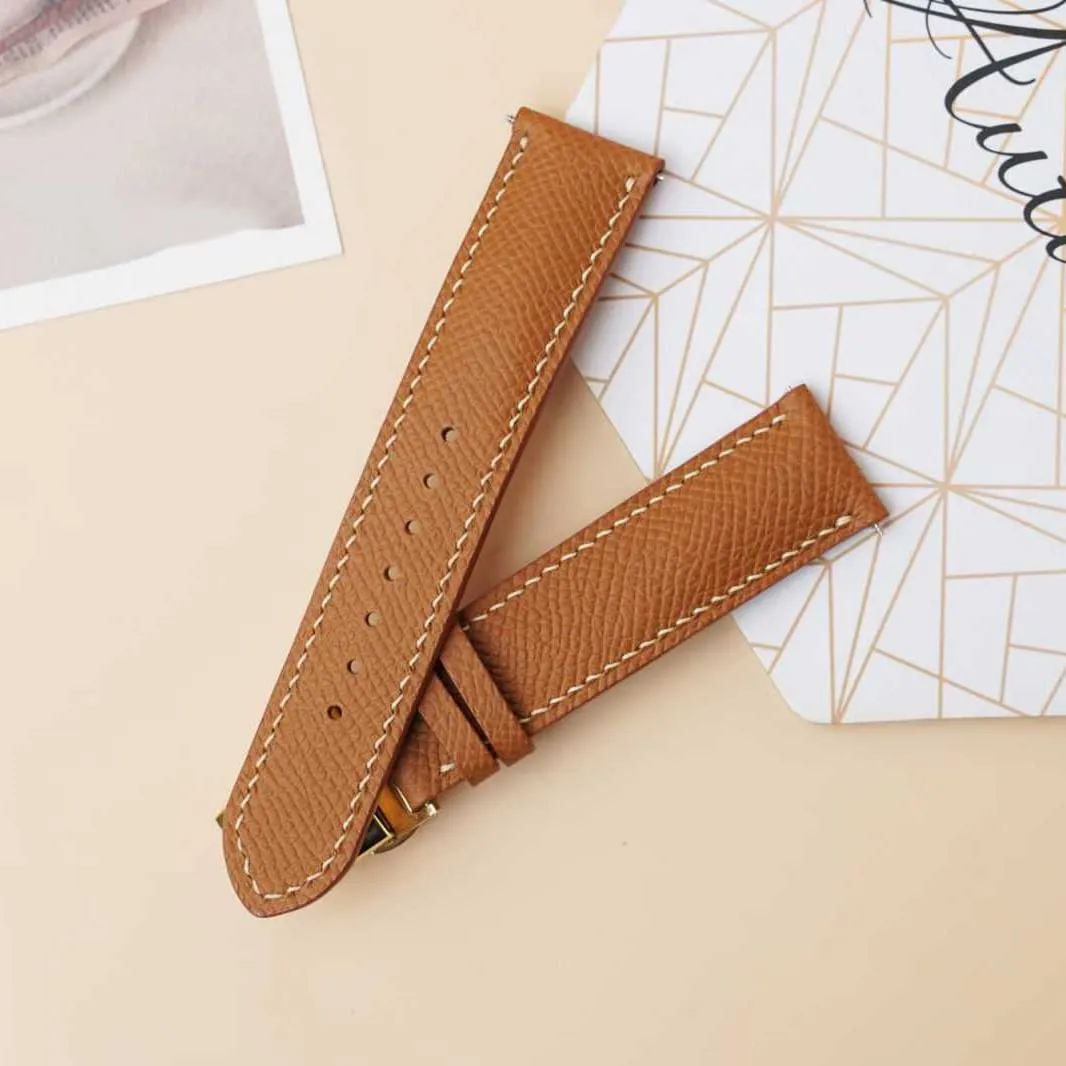 watch strap (22mm$ Steel Tang Buckle) persistent compare falsely electronic workshop park Premium Quality Epsom leather watch band$ Handmade Golden Brown Calf leather 