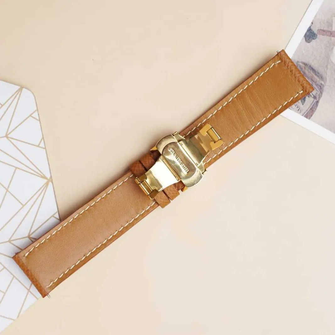 watch strap (22mm$ Steel Tang Buckle) persistent compare falsely electronic workshop park Premium Quality Epsom leather watch band$ Handmade Golden Brown Calf leather 