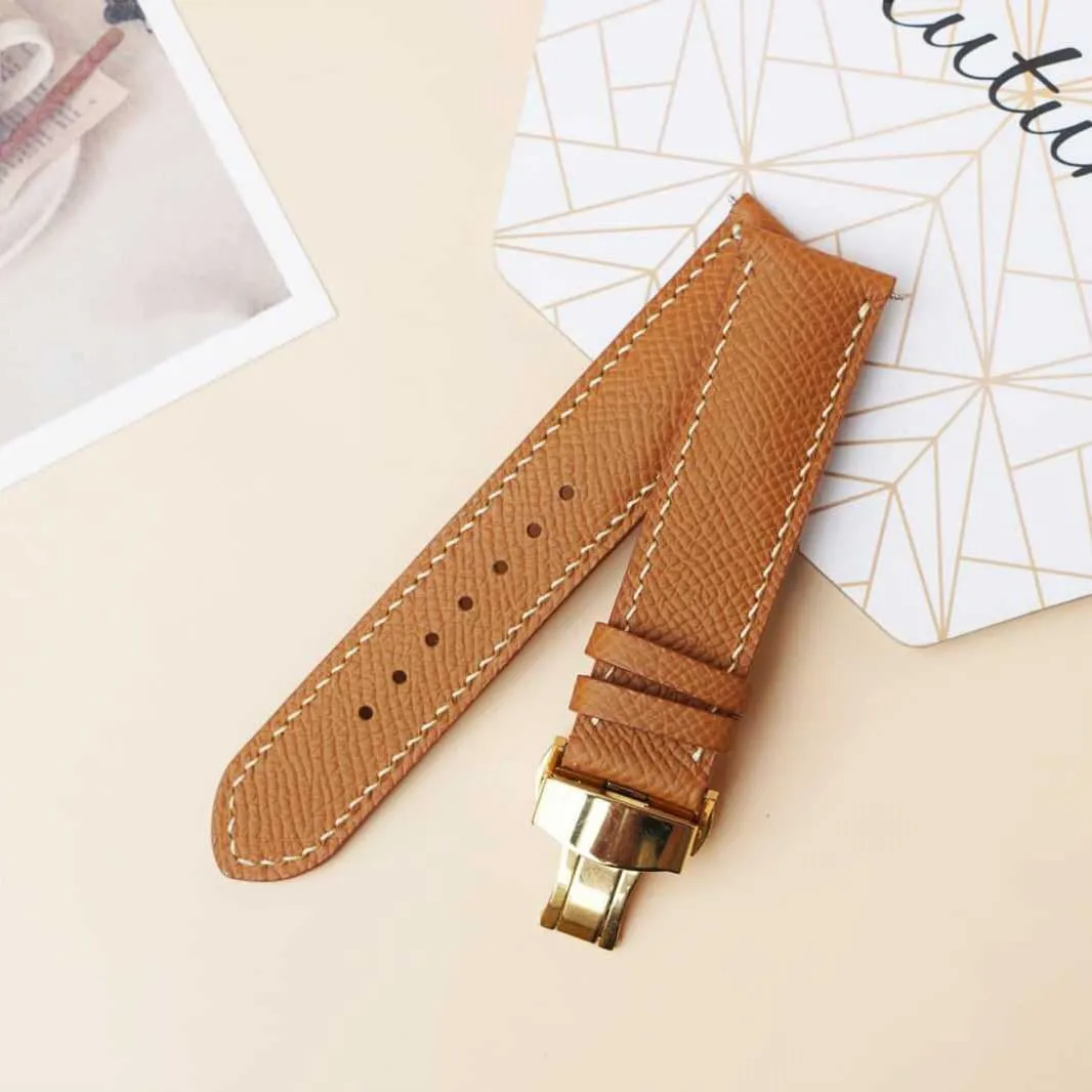watch strap (22mm$ Steel Tang Buckle) persistent compare falsely electronic workshop park Premium Quality Epsom leather watch band$ Handmade Golden Brown Calf leather 