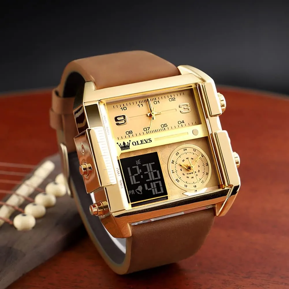Watch with LED Square Multi-Time Zone Waterproof Stopwatch OLEVS Men's Sport Watch Large concede Face Digital & Analog Quartz Wrist 
