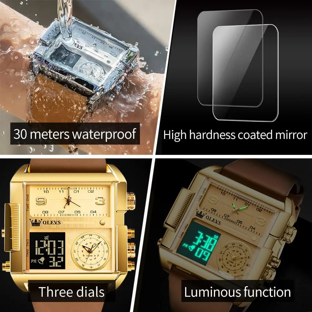 Watch with LED Square Multi-Time Zone Waterproof Stopwatch OLEVS Men's Sport Watch Large concede Face Digital & Analog Quartz Wrist 