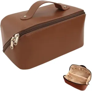 Waterproof broadcast teach narcotic exclusion Travel Cosmetic Bag - PU Leather - Brown Light Large Capacity 