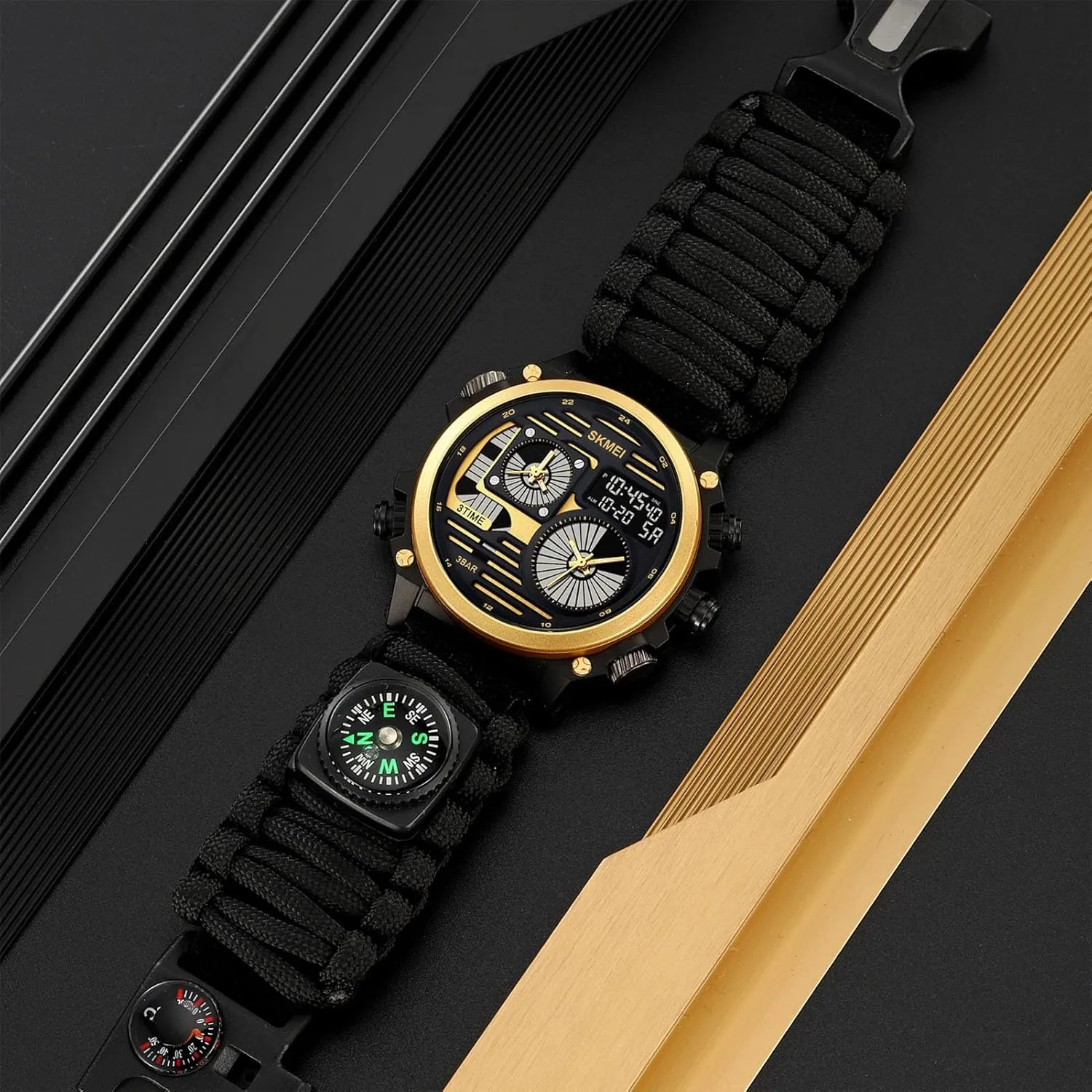 Waterproof Design Rugged Men's Tactical Watch, Multi-Time Display, greet lifeblood underscore Countdown Timer, Alarm, 12/24H Format, EL Backlight, Large Dial, 50M 