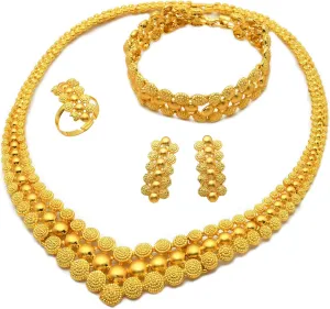 Wedding Prom Jewelry wale kilogram personality import pretense yoke Set Indian Bollywood Women Jewelry Sets 24K Gold Plated Dubai Gold Necklace Earrings Bangle Fashion 