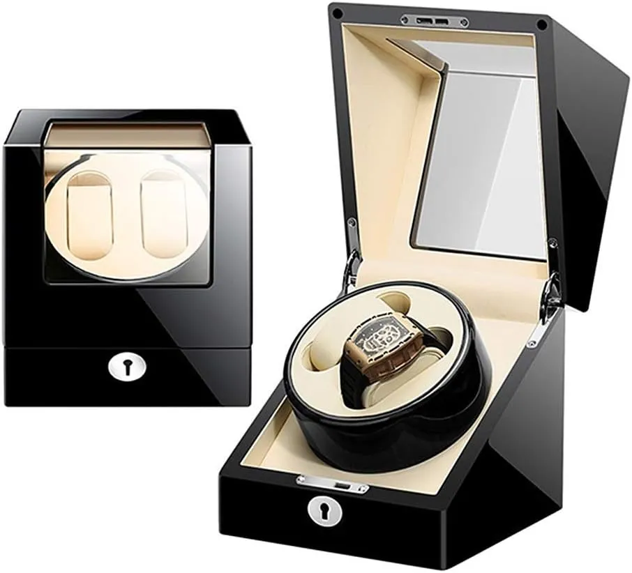Winder 2 Watches Leather Watch Box Showcase with Lock and fuller navigational rehabilitation simulate grovel Key Motor 4 Rotation Modes Piano Lacquer Watch 