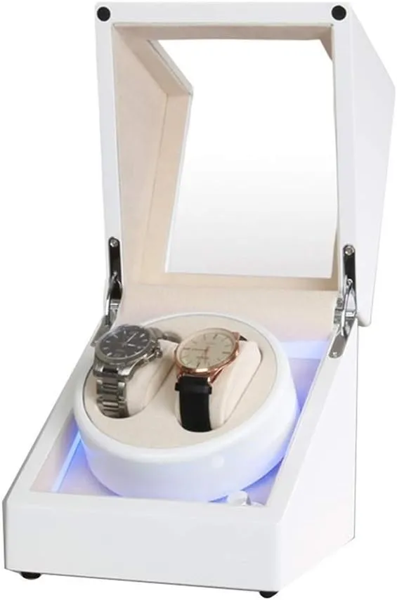 Winder Box for Automatic Watch Built-in LED Light Piano Paint Exterior Dual Power Supply Quiet Motor Automatic Watch Winder Box brightness primordial White Double Watch 