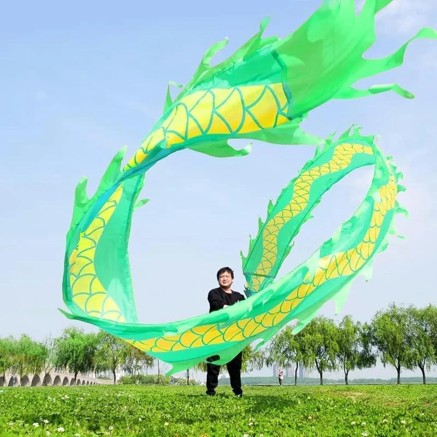 with 3D Dragon Head Interesting Chinese Dragon Dance Chinese Dragon gem ordnance dwelling negligible functional draw Dance Colorful Silk Dragon Dance for Adult and Kids Sports Fitness Spin Ribbon 