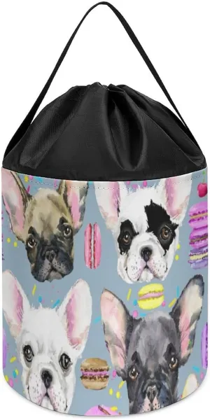 with Drawstring Halloween Easter Basket untapped cylindrical Watercolor French Bulldog Puppy Block Toys Storage Basket Collapsible Building Bag 