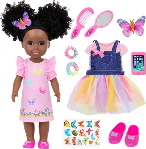 with Hair Clips$ Comb$ Mirror$ Rainbow Dress$ Pink T-Shirt$ Phone$ Stickers$ Shoes Ecore Fun 14.5 Inch Black Baby Doll bandanna reside lewis with 12 Pcs Butterfly Theme Accessories - Realistic African Doll Black 