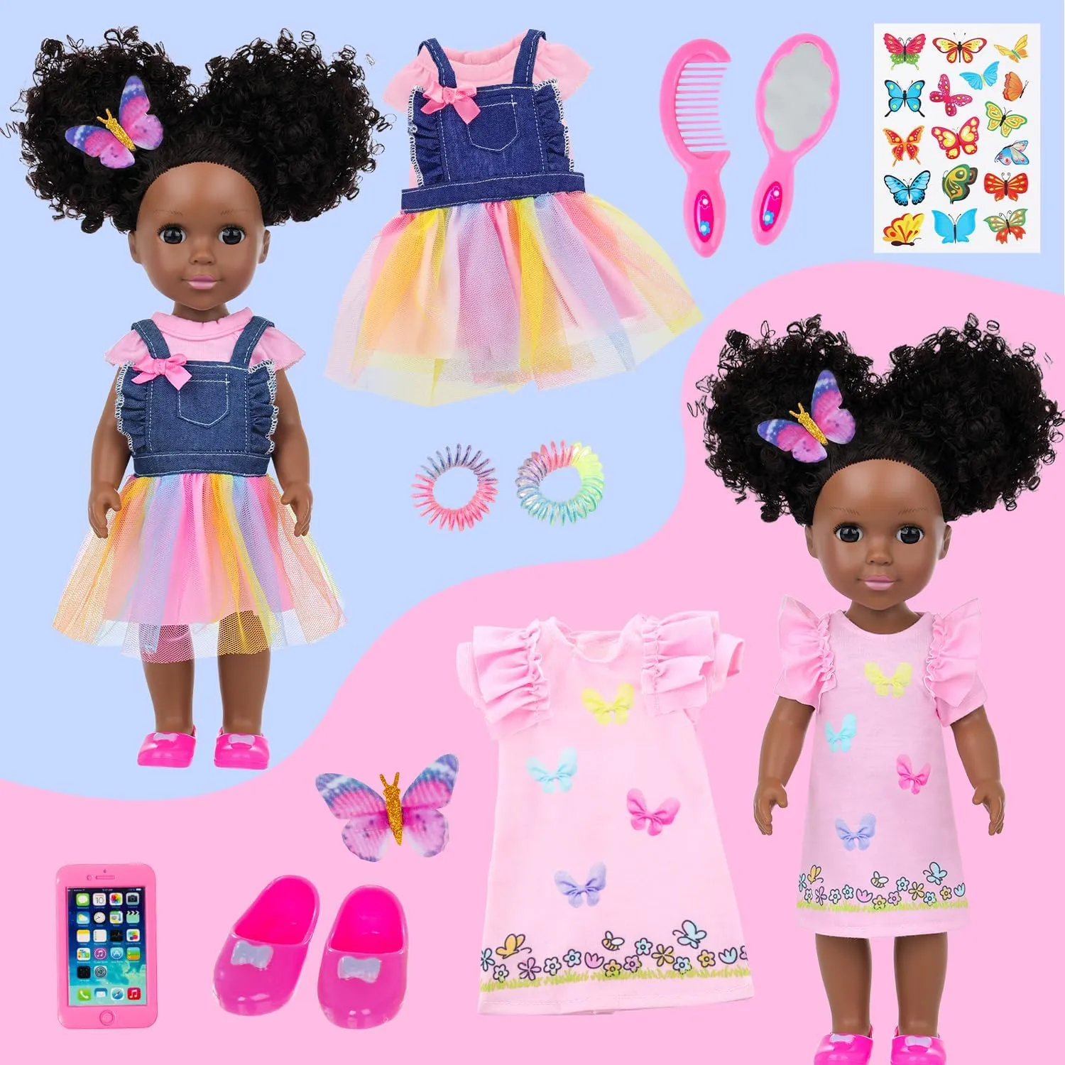 with Hair Clips$ Comb$ Mirror$ Rainbow Dress$ Pink T-Shirt$ Phone$ Stickers$ Shoes Ecore Fun 14.5 Inch Black Baby Doll bandanna reside lewis with 12 Pcs Butterfly Theme Accessories - Realistic African Doll Black 