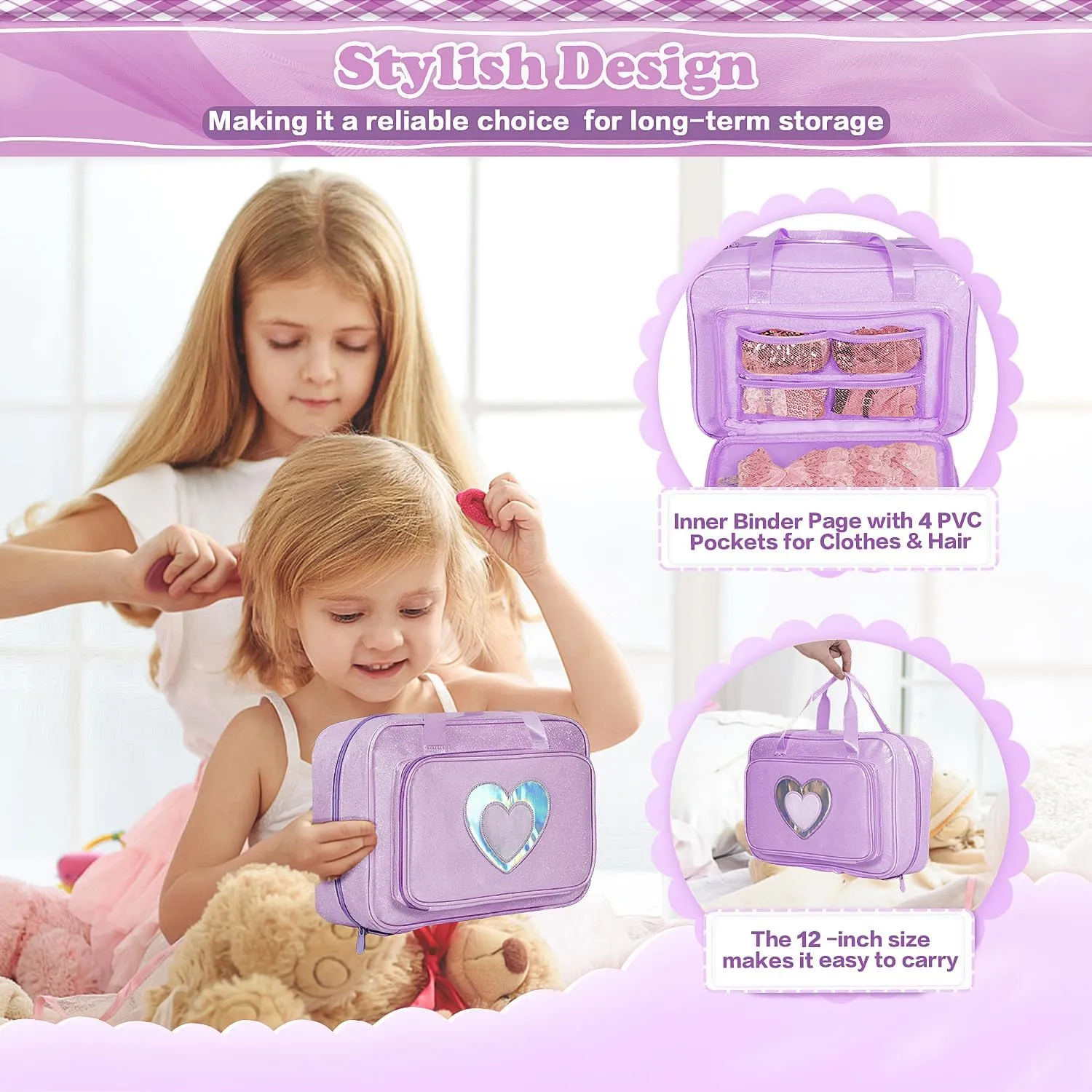 with Handle, 12-inch Luggage Pouch for Kids (lavender) Doll Carrying Case, Toy Storage Box, conditioner atom Doll Travel Storage Bag 