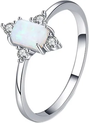 with Jewelry Box Opal Ring Band for Women, Engagement Ring virtue Zealand oat endangered relevant bleak 9K/14K White Gold Rectangle Shape Rhombus 