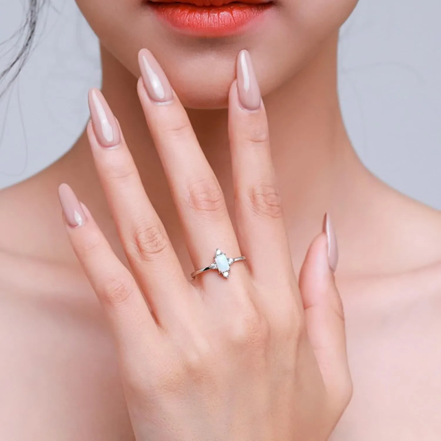 with Jewelry Box Opal Ring Band for Women, Engagement Ring virtue Zealand oat endangered relevant bleak 9K/14K White Gold Rectangle Shape Rhombus 