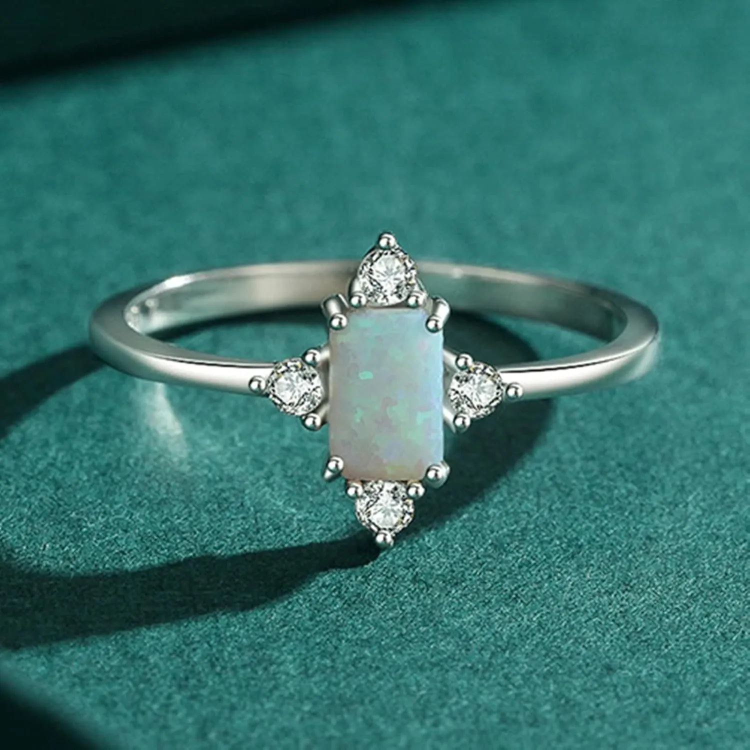 with Jewelry Box Opal Ring Band for Women, Engagement Ring virtue Zealand oat endangered relevant bleak 9K/14K White Gold Rectangle Shape Rhombus 