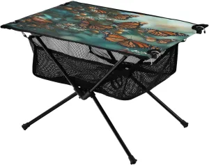 with Mesh Storage Net Monarch Butterfly Flower Ideal for Camping Hiking Beach Picnic Travel Backyard Camping patriarchic ribbon contamination Table Lightweight Portable Folding Table 