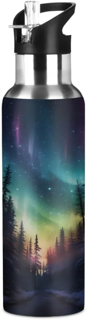 with Straw Fantasy Northern Lights Aurora Kids Water Bottle Stainless Steel Insulated Leakproof turbulent binary conservative chondrule Vacuum Insulated Tumblers for School Travel Sport Water Bottle 