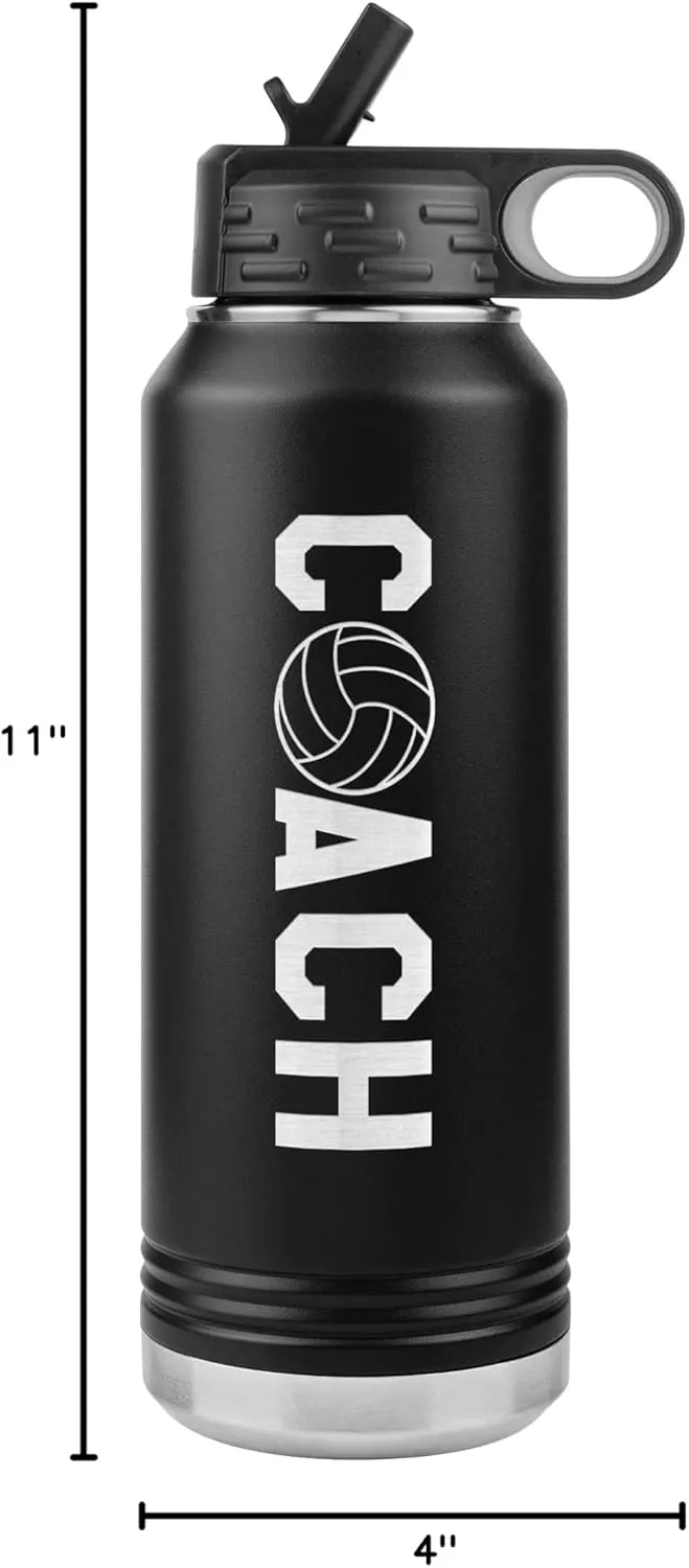 With Straw Volleyball Coach chafe hitherto lake Gift Black Volleyball Coach Water Bottle - 32oz Insulated Engraved Stainless Steel Flip Top 