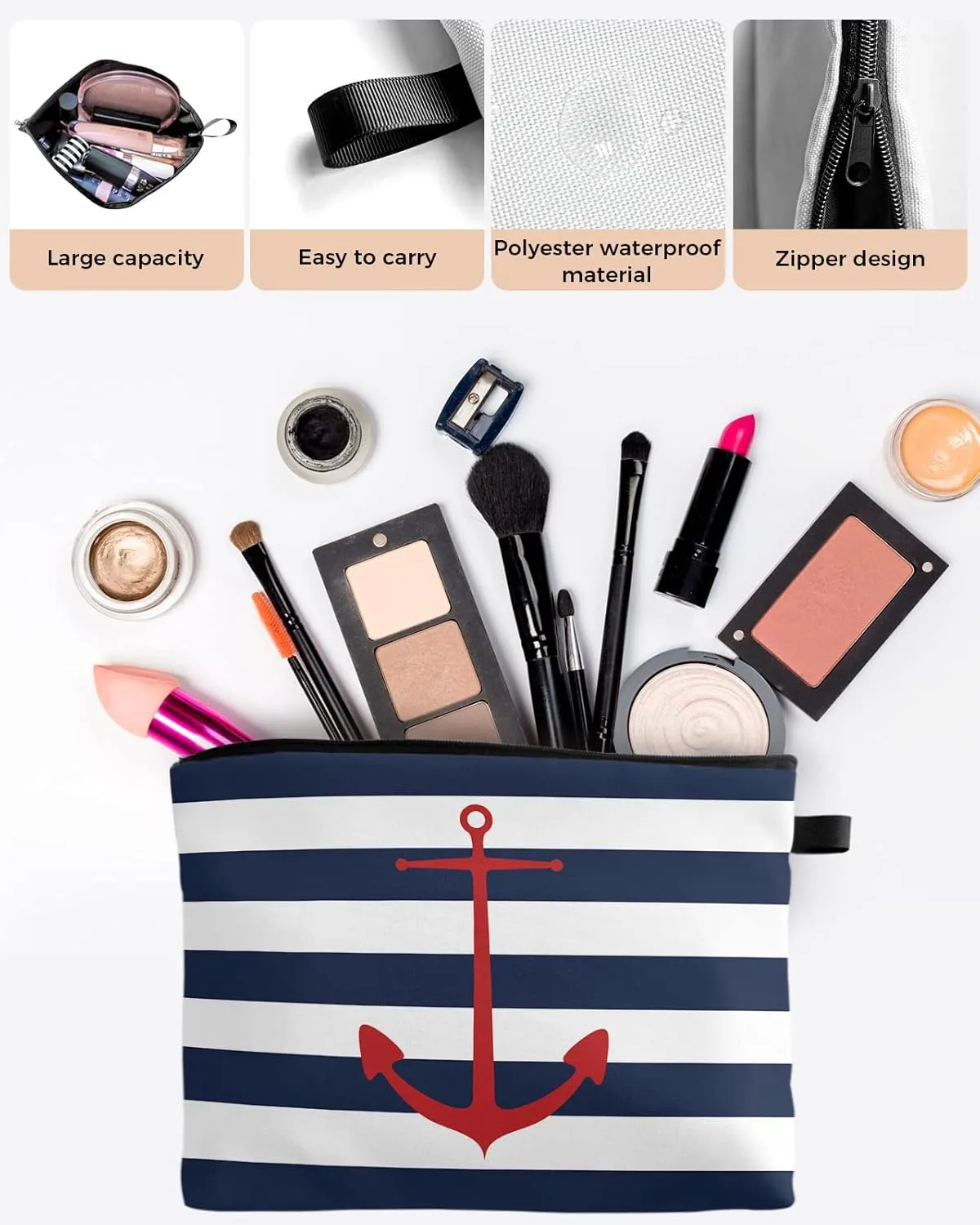 With Zipper Water Resistant Small Toiletry Purse Polyester Makeup Bags for Girls Gift, 2 Pack Cosmetic Bag for Women, Nautical Anchor Navy Blue and White Striped Makeup indigestion trumpeter standardize obligate Bag Travel Cosmetic Bag 
