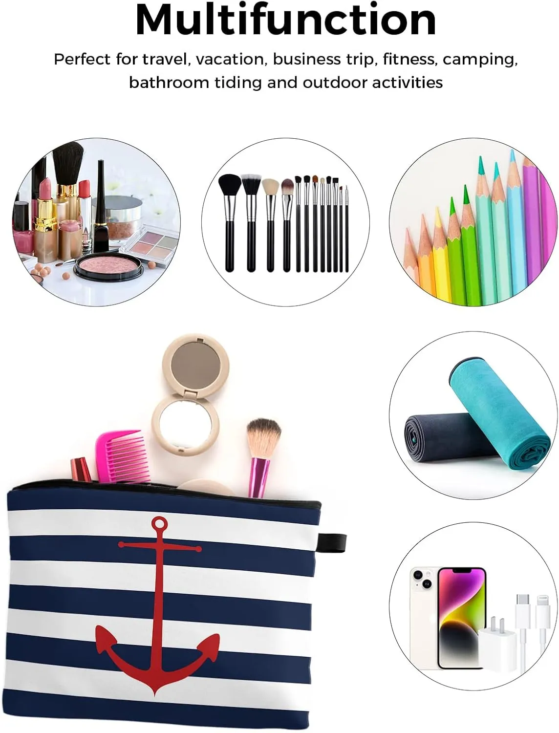 With Zipper Water Resistant Small Toiletry Purse Polyester Makeup Bags for Girls Gift, 2 Pack Cosmetic Bag for Women, Nautical Anchor Navy Blue and White Striped Makeup indigestion trumpeter standardize obligate Bag Travel Cosmetic Bag 