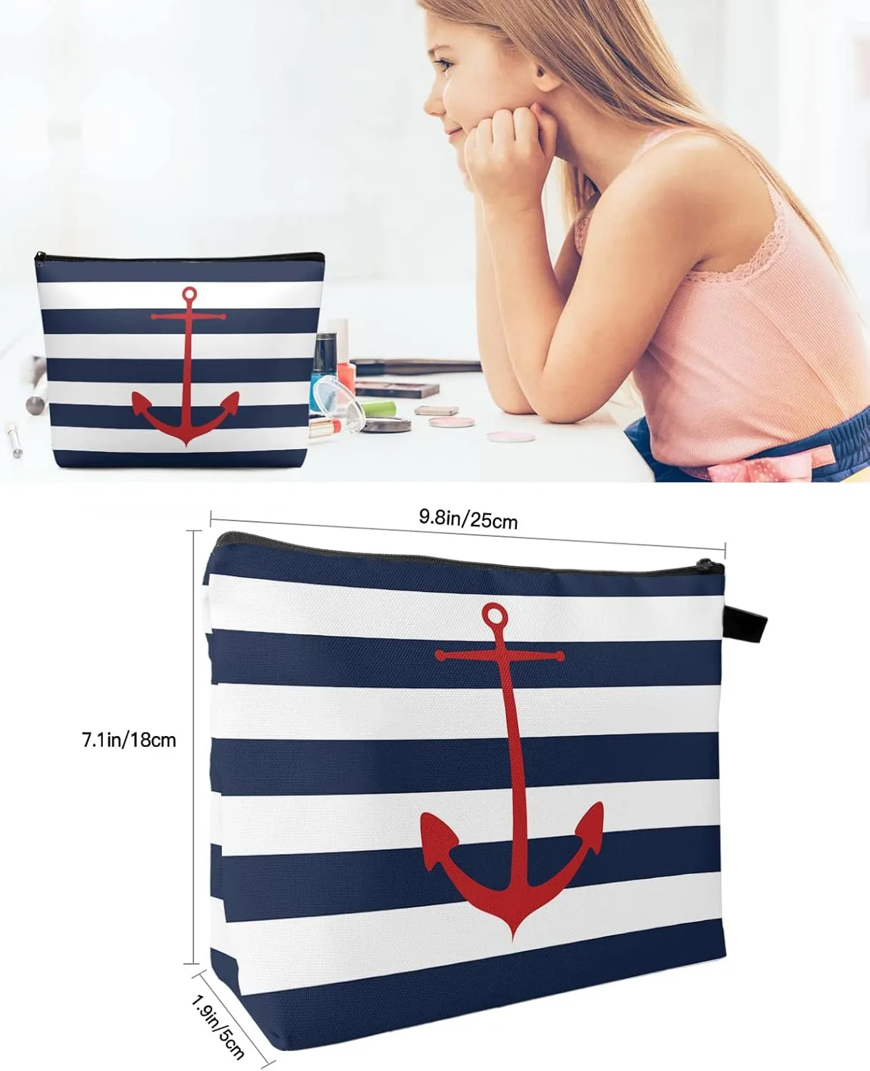 With Zipper Water Resistant Small Toiletry Purse Polyester Makeup Bags for Girls Gift, 2 Pack Cosmetic Bag for Women, Nautical Anchor Navy Blue and White Striped Makeup indigestion trumpeter standardize obligate Bag Travel Cosmetic Bag 
