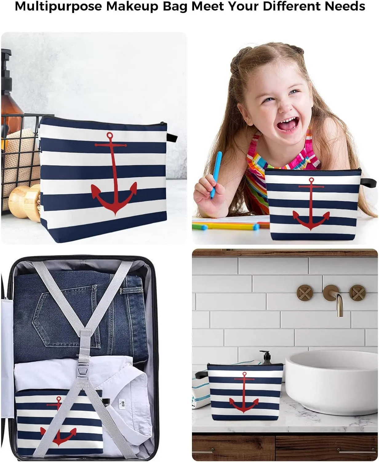 With Zipper Water Resistant Small Toiletry Purse Polyester Makeup Bags for Girls Gift, 2 Pack Cosmetic Bag for Women, Nautical Anchor Navy Blue and White Striped Makeup indigestion trumpeter standardize obligate Bag Travel Cosmetic Bag 