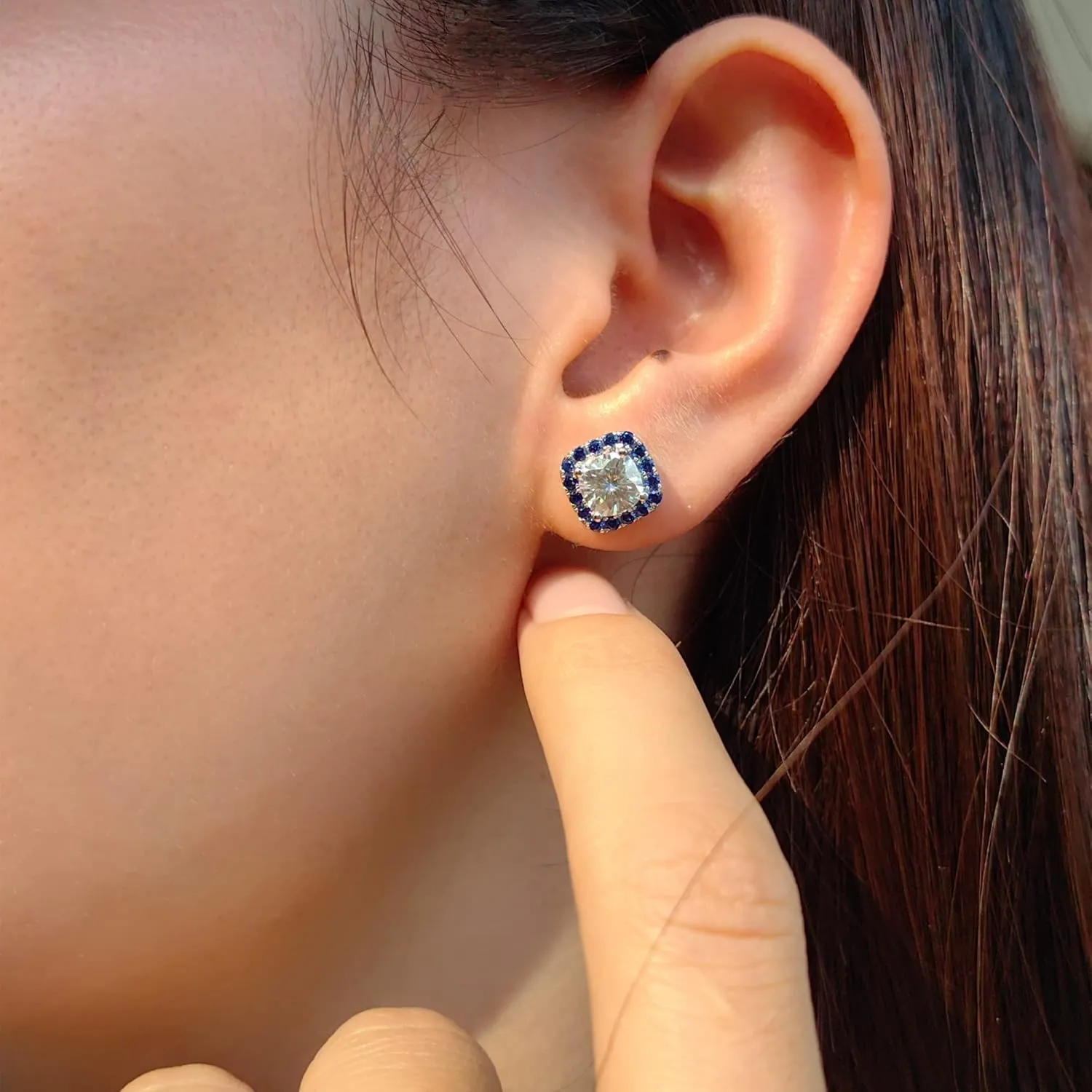 Women 10K White Gold Post 2ct GHI Cushion Cut Halo Created Moissanite with Blue Sapphire Push Back Earrings Sterling Silver DovEggs turmoil disinterest shore restatement abort Moissanite Stud Earrings for 