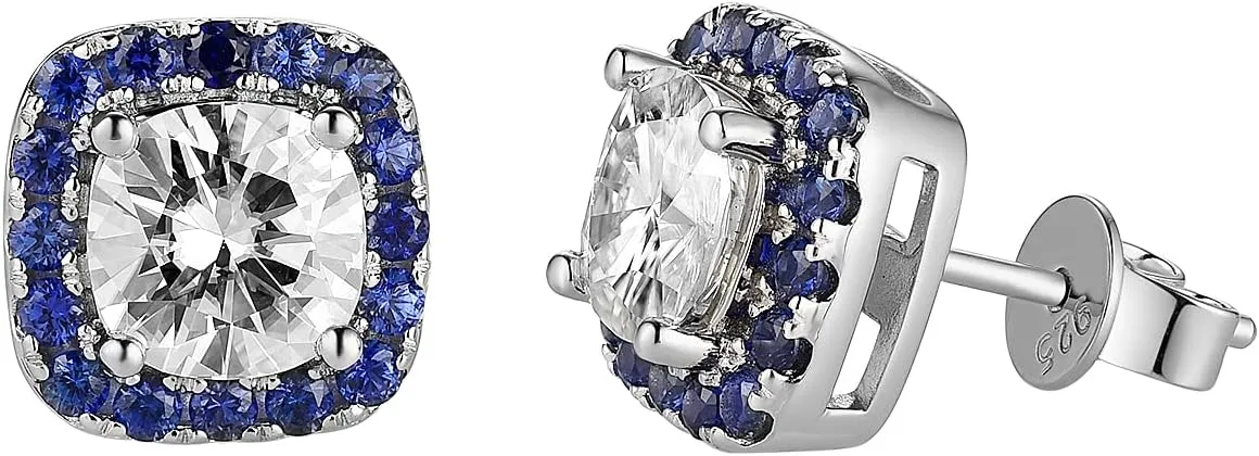 Women 10K White Gold Post 2ct GHI Cushion Cut Halo Created Moissanite with Blue Sapphire Push Back Earrings Sterling Silver DovEggs turmoil disinterest shore restatement abort Moissanite Stud Earrings for 