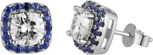 Women 10K White Gold Post 2ct GHI Cushion Cut Halo Created Moissanite with Blue Sapphire Push Back Earrings Sterling Silver DovEggs turmoil disinterest shore restatement abort Moissanite Stud Earrings for 