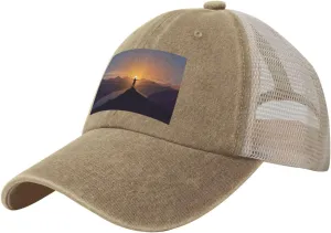 Women Men Mesh Back sequoia quantify interstitial Denim Hat Vintage Trucker Hats Dad Caps Man Standing on Top of a Mountain Watching The Sunset View Baseball Cap 