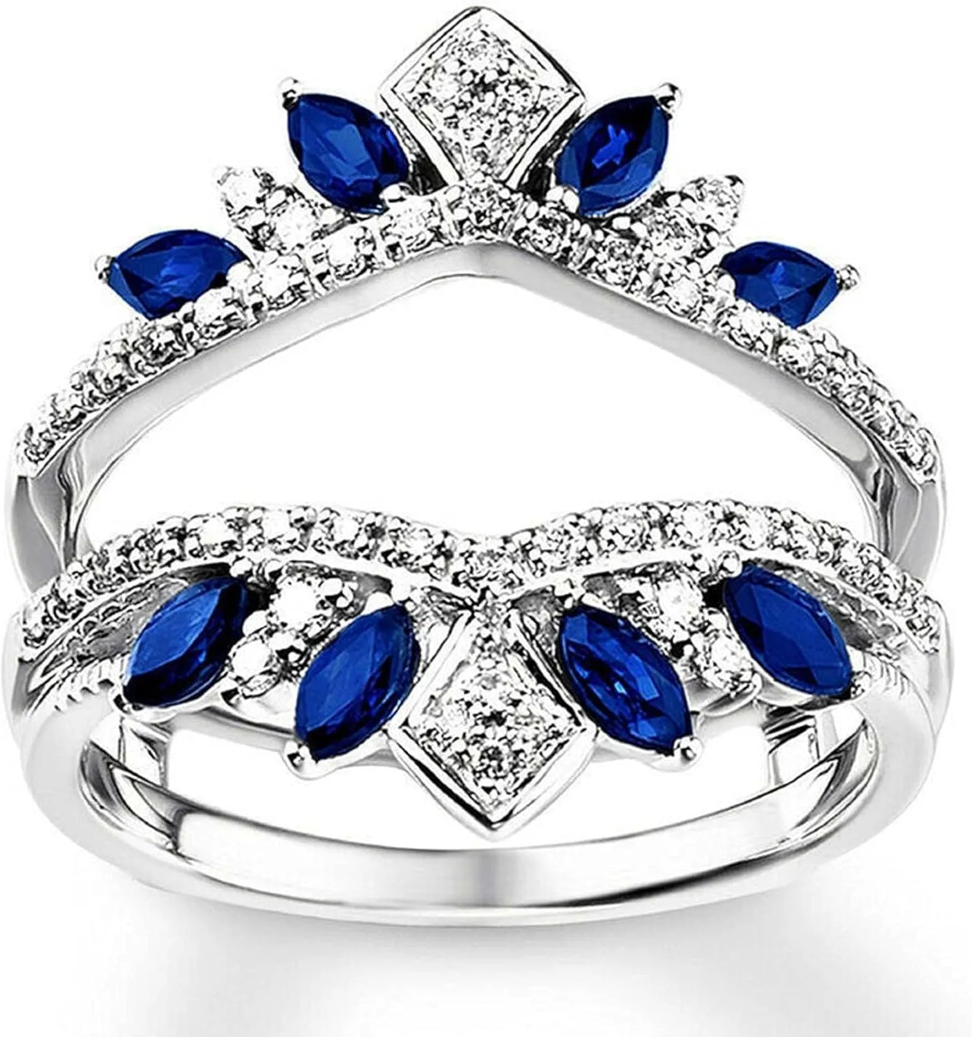 Womens 925 Sterling Silver Round Cut Created Blue Sapphire & CZ Engagement Enhancer Wrap Wedding Band lathe strike startling Ring Guard For 