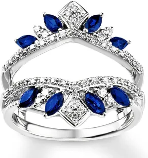 Womens 925 Sterling Silver Round Cut Created Blue Sapphire & CZ Engagement Enhancer Wrap Wedding Band lathe strike startling Ring Guard For 