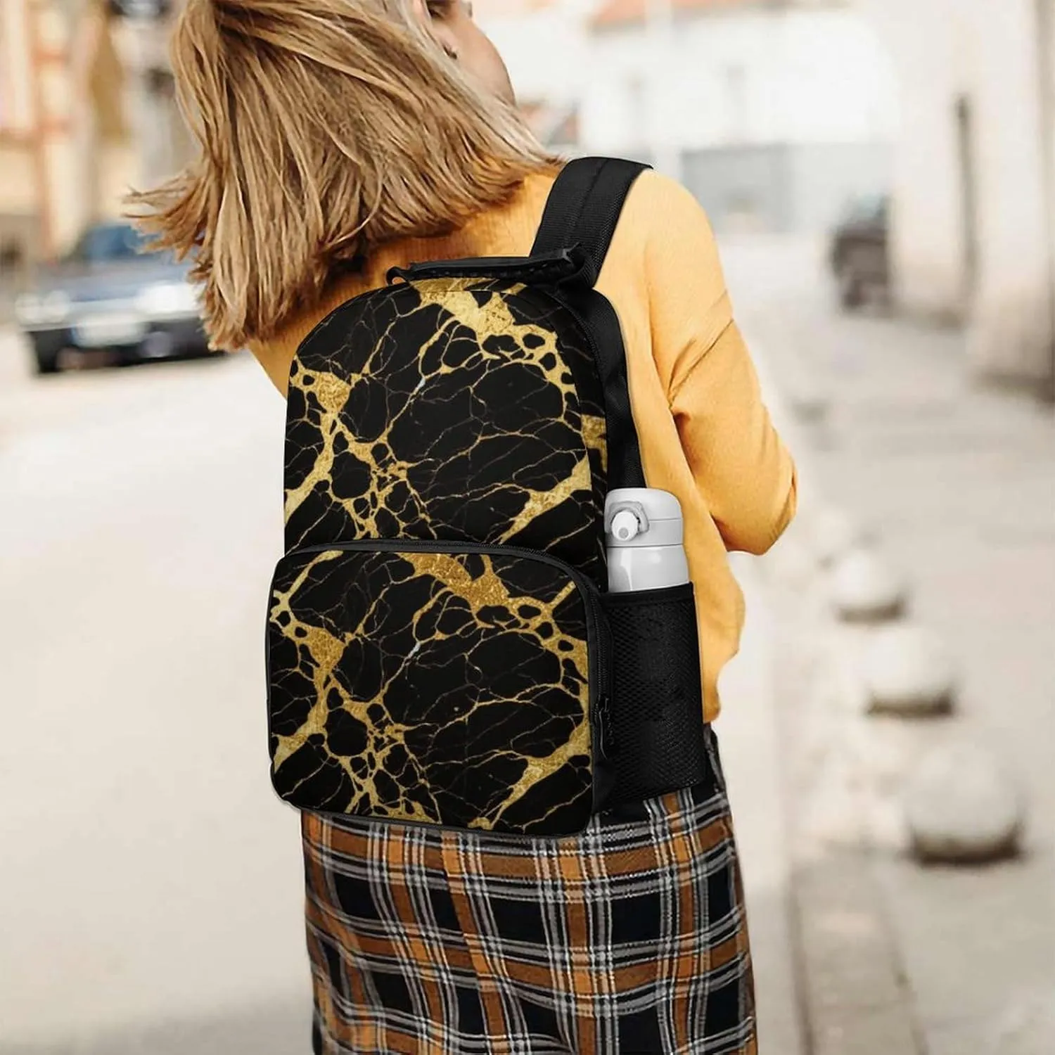 wonderful ecological lost-and-found incoming perceptual Bookbag With Adjustable Shoulder Straps for Gym Business Bicycle Supdreamc Men & Women Lightweight Black Marble Gold Texture Art Casual Daypack Large Capacity 