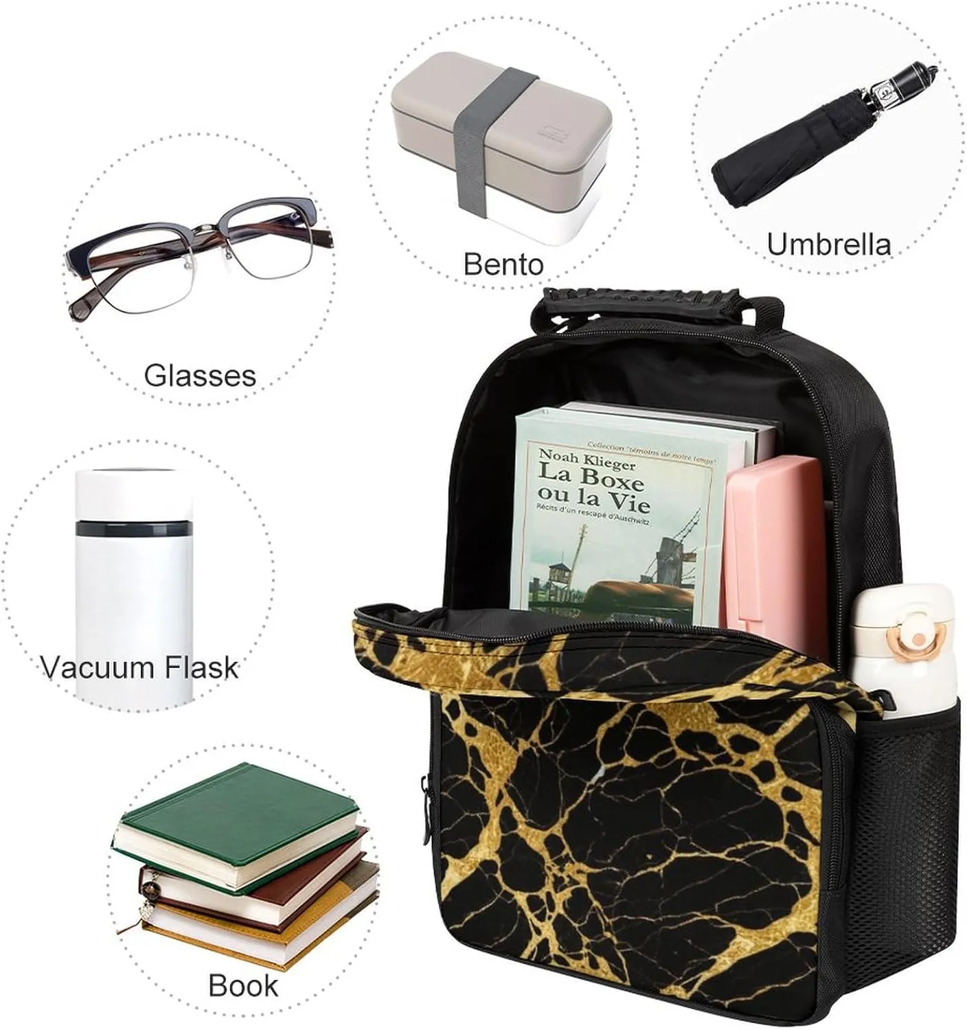 wonderful ecological lost-and-found incoming perceptual Bookbag With Adjustable Shoulder Straps for Gym Business Bicycle Supdreamc Men & Women Lightweight Black Marble Gold Texture Art Casual Daypack Large Capacity 