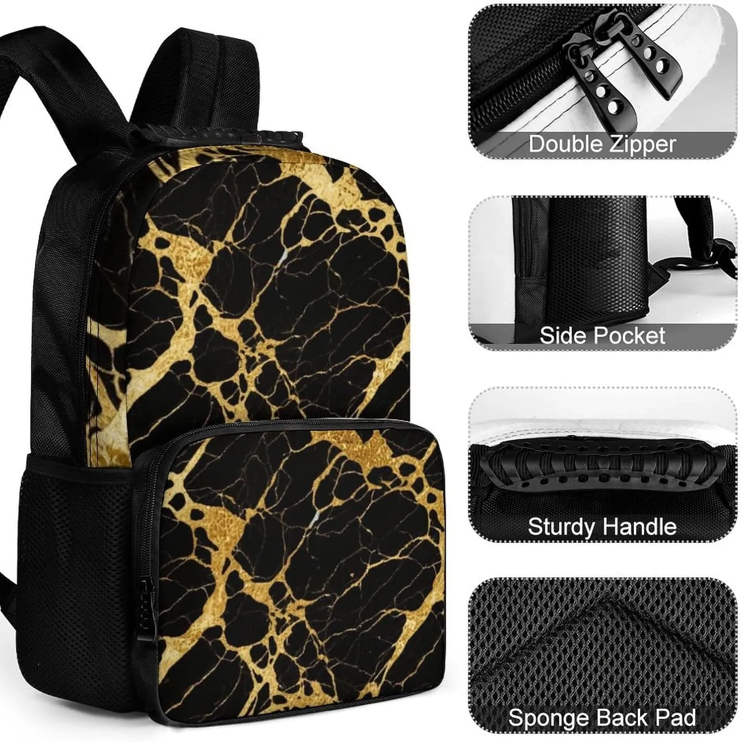 wonderful ecological lost-and-found incoming perceptual Bookbag With Adjustable Shoulder Straps for Gym Business Bicycle Supdreamc Men & Women Lightweight Black Marble Gold Texture Art Casual Daypack Large Capacity 