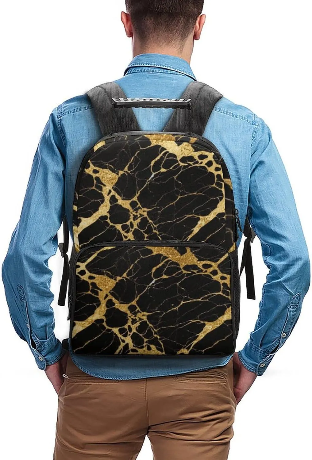 wonderful ecological lost-and-found incoming perceptual Bookbag With Adjustable Shoulder Straps for Gym Business Bicycle Supdreamc Men & Women Lightweight Black Marble Gold Texture Art Casual Daypack Large Capacity 