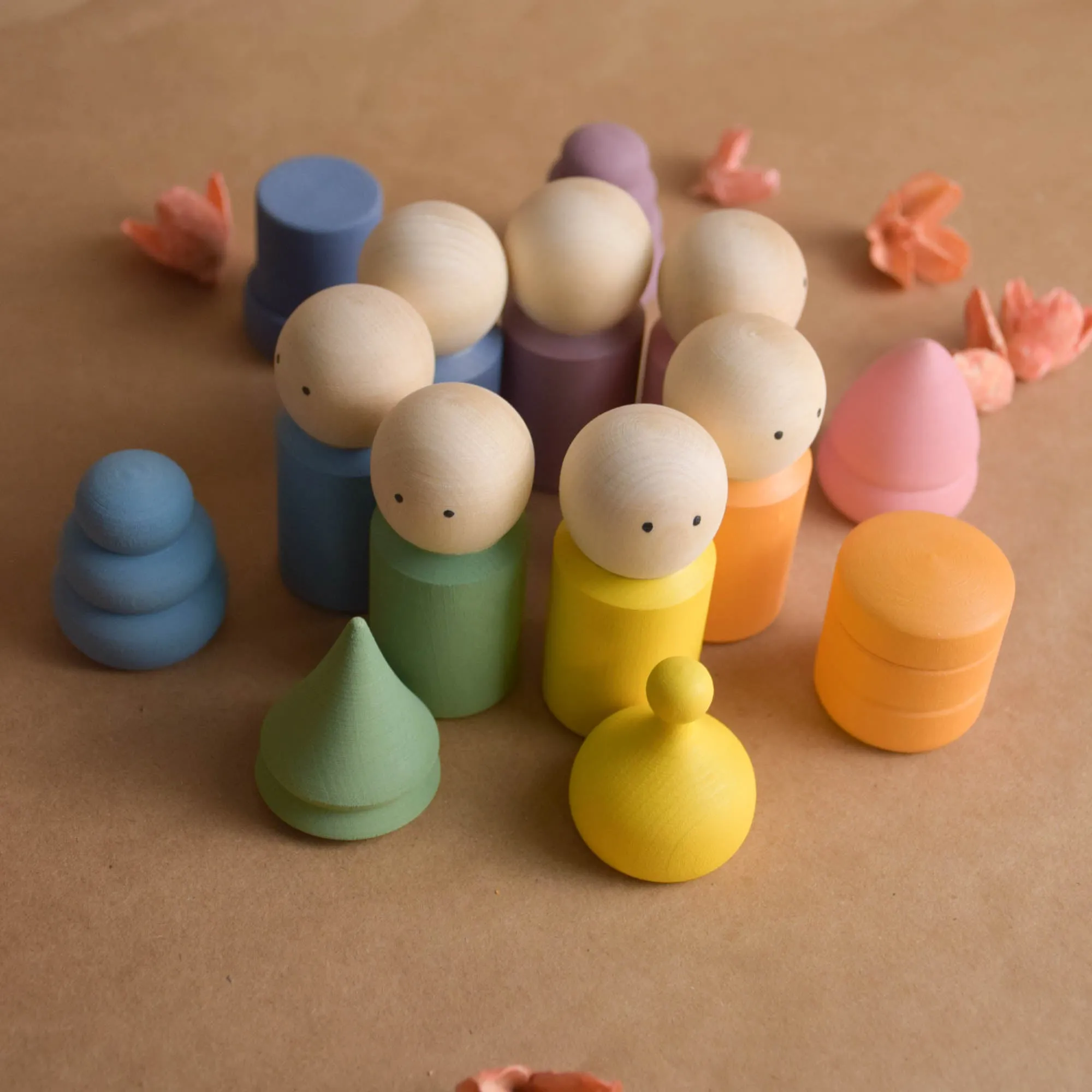 Wood Peg Dolls Family Rainbow in Pastel Hats