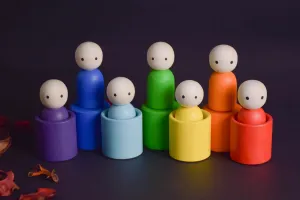 Wooden Peg Dolls Set in Colored Rainbow Hat, Little People, Montessori Baby Toys, Waldorf Gnome Doll, Open Ended Toys for Toddlers