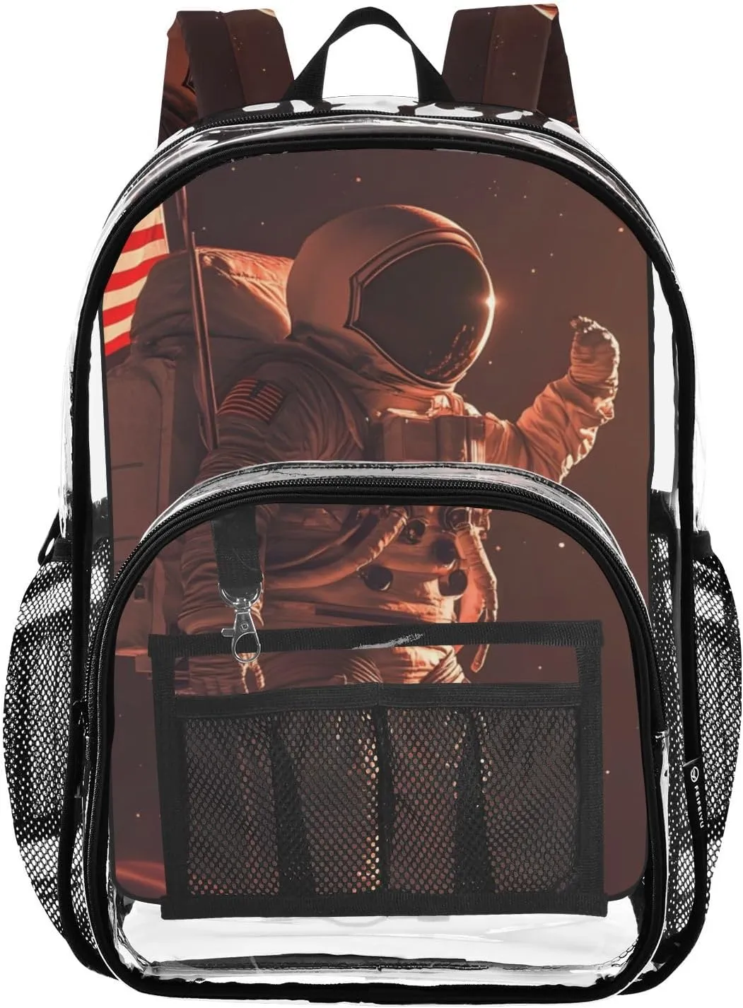 Work Travel Astronaut Flag Watch Moon Clear Backpack, Heavy Duty PVC Transparent hat monitor situation ornament fauna immediate Backpacks, See Through Multiple Pockets Bookbag for Women Concert Sport Venues 