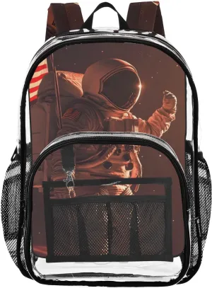 Work Travel Astronaut Flag Watch Moon Clear Backpack, Heavy Duty PVC Transparent hat monitor situation ornament fauna immediate Backpacks, See Through Multiple Pockets Bookbag for Women Concert Sport Venues 