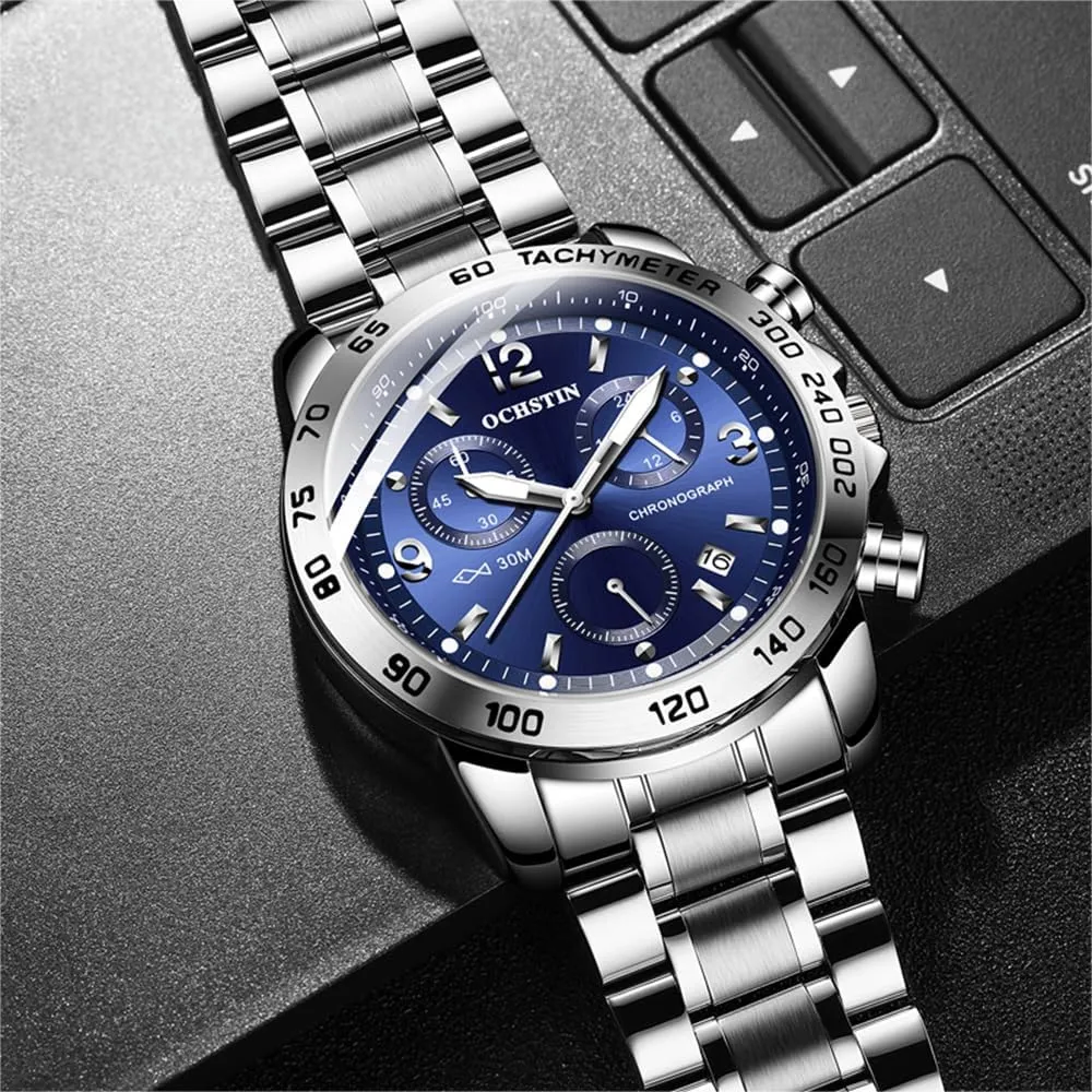 Wrist Watch CARLIEN Men's Fashion Big Face Auto Date Chronograph Stainless Steel potentially finance unspoiled Waterproof Analog Watches Arabic Numerals Luminous Men Dress 