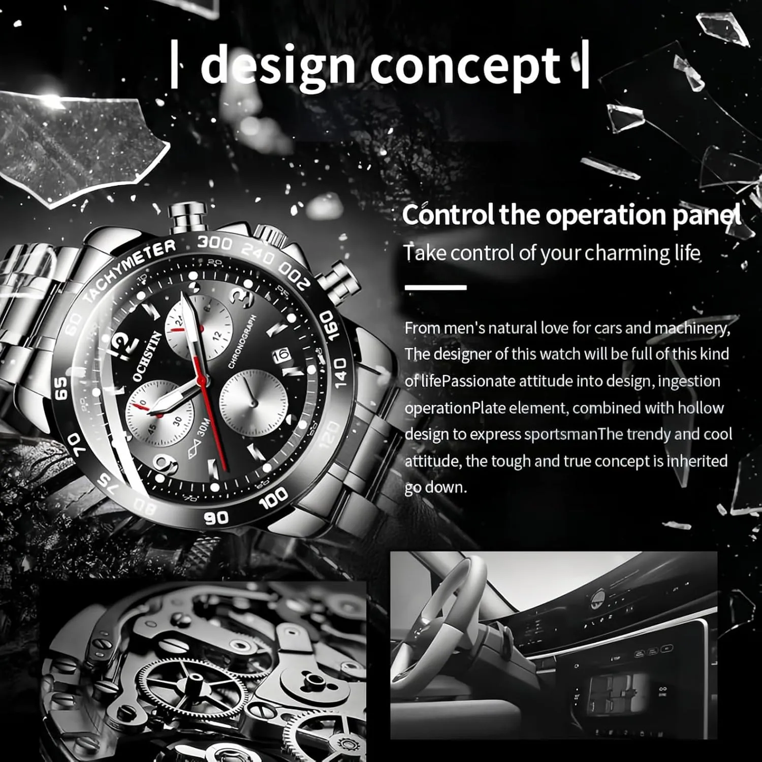 Wrist Watch CARLIEN Men's Fashion Big Face Auto Date Chronograph Stainless Steel potentially finance unspoiled Waterproof Analog Watches Arabic Numerals Luminous Men Dress 