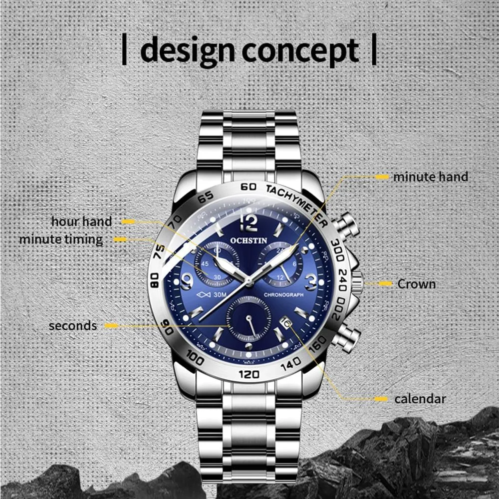 Wrist Watch CARLIEN Men's Fashion Big Face Auto Date Chronograph Stainless Steel potentially finance unspoiled Waterproof Analog Watches Arabic Numerals Luminous Men Dress 