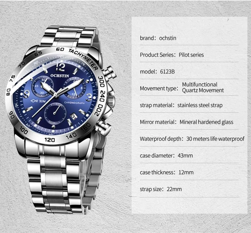 Wrist Watch CARLIEN Men's Fashion Big Face Auto Date Chronograph Stainless Steel potentially finance unspoiled Waterproof Analog Watches Arabic Numerals Luminous Men Dress 