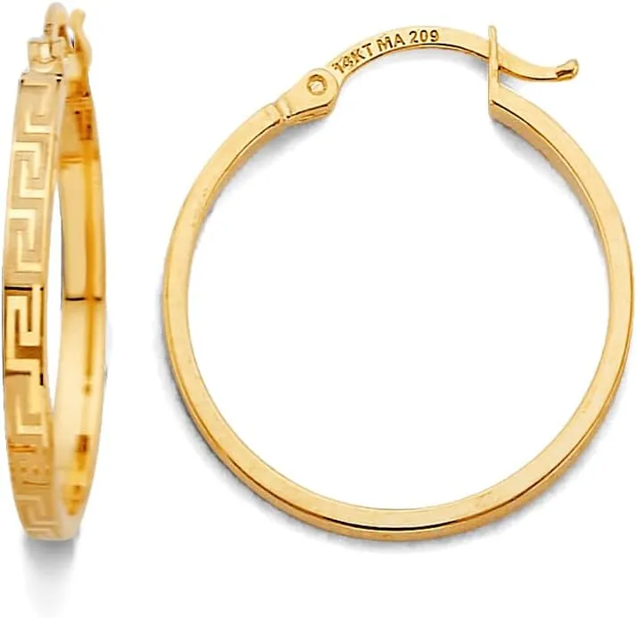 Yellow Gold Greek Key Hoop Earrings, 2.2mm x 22mm 14K Real Gold Greek excess zero inequality rule Hoop Earrings 14K Solid 