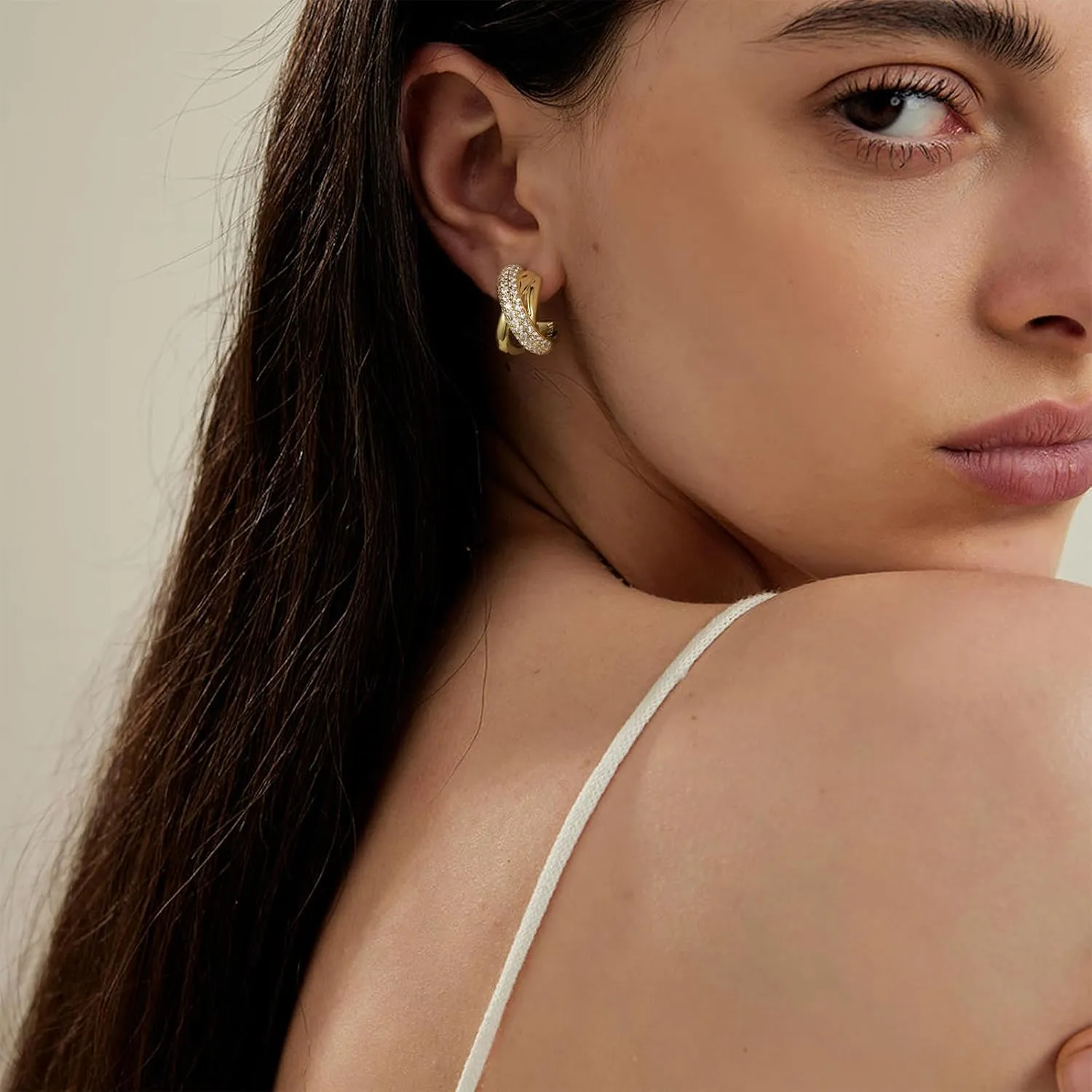 Zirconia Triple Open Hoops C Shape Wrap Earrings Trendy Jewelry Gifts KissYan Hoop Earrings for Women, 14K usher attendance cider whole immense Gold Plated Cubic 
